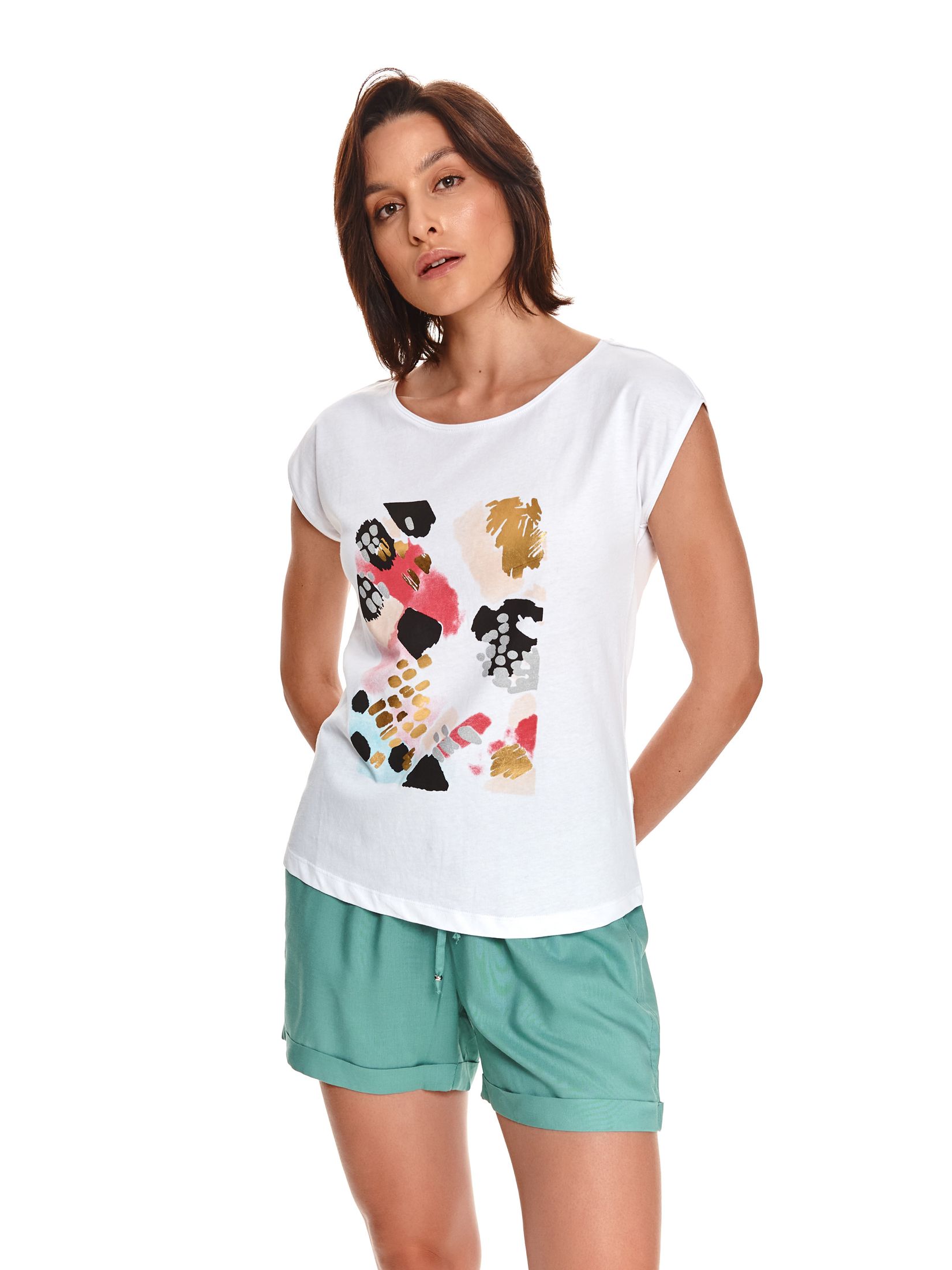 T-shirt damski z krótkim rękawkiem i kolorowym nadrukiem