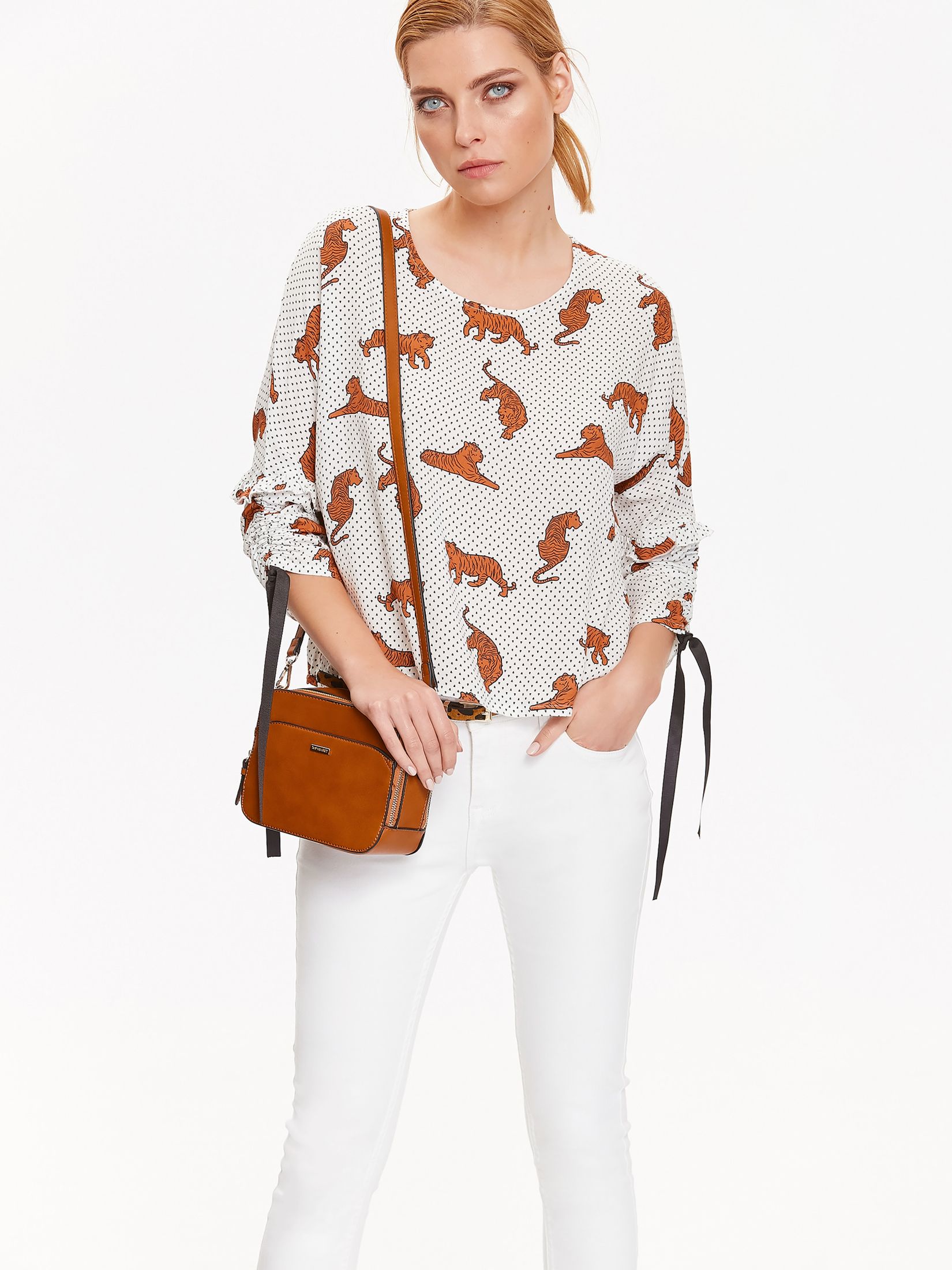 Bluzka damska w kropki oraz tygrysy, z ozdobnym wiązaniem przy rękawach