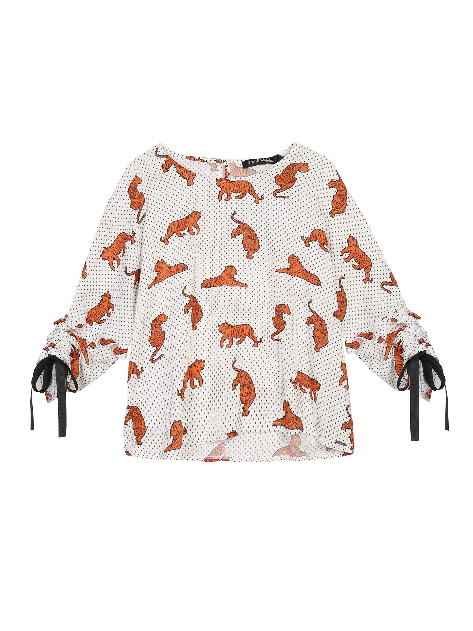 Bluzka damska w kropki oraz tygrysy, z ozdobnym wiązaniem przy rękawach