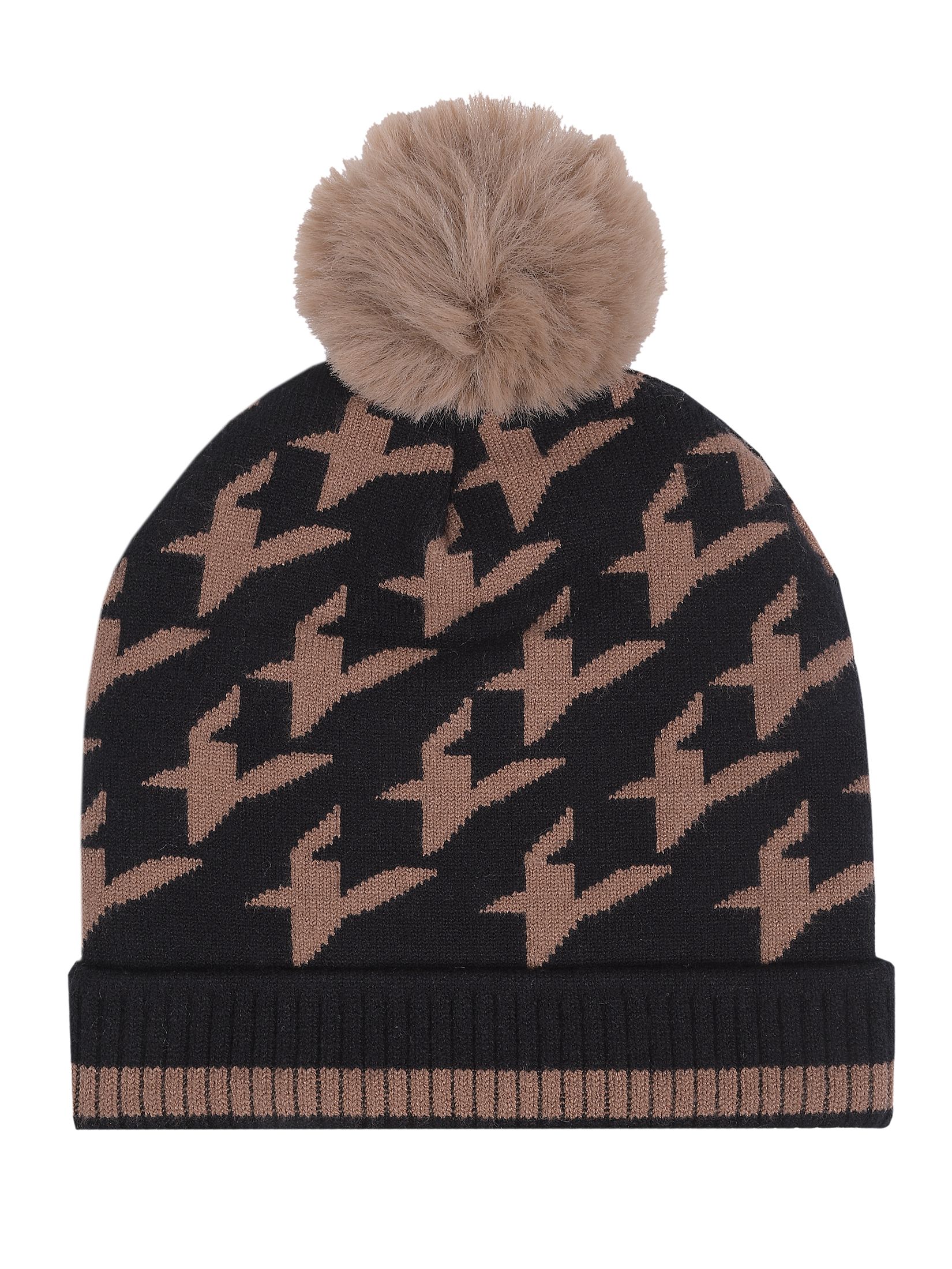 Czapka w pepitkę z pomponem