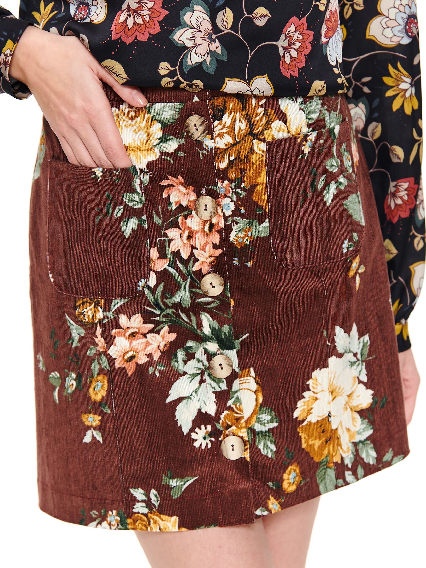 Sztruksowa mini spódniczka w kwiaty