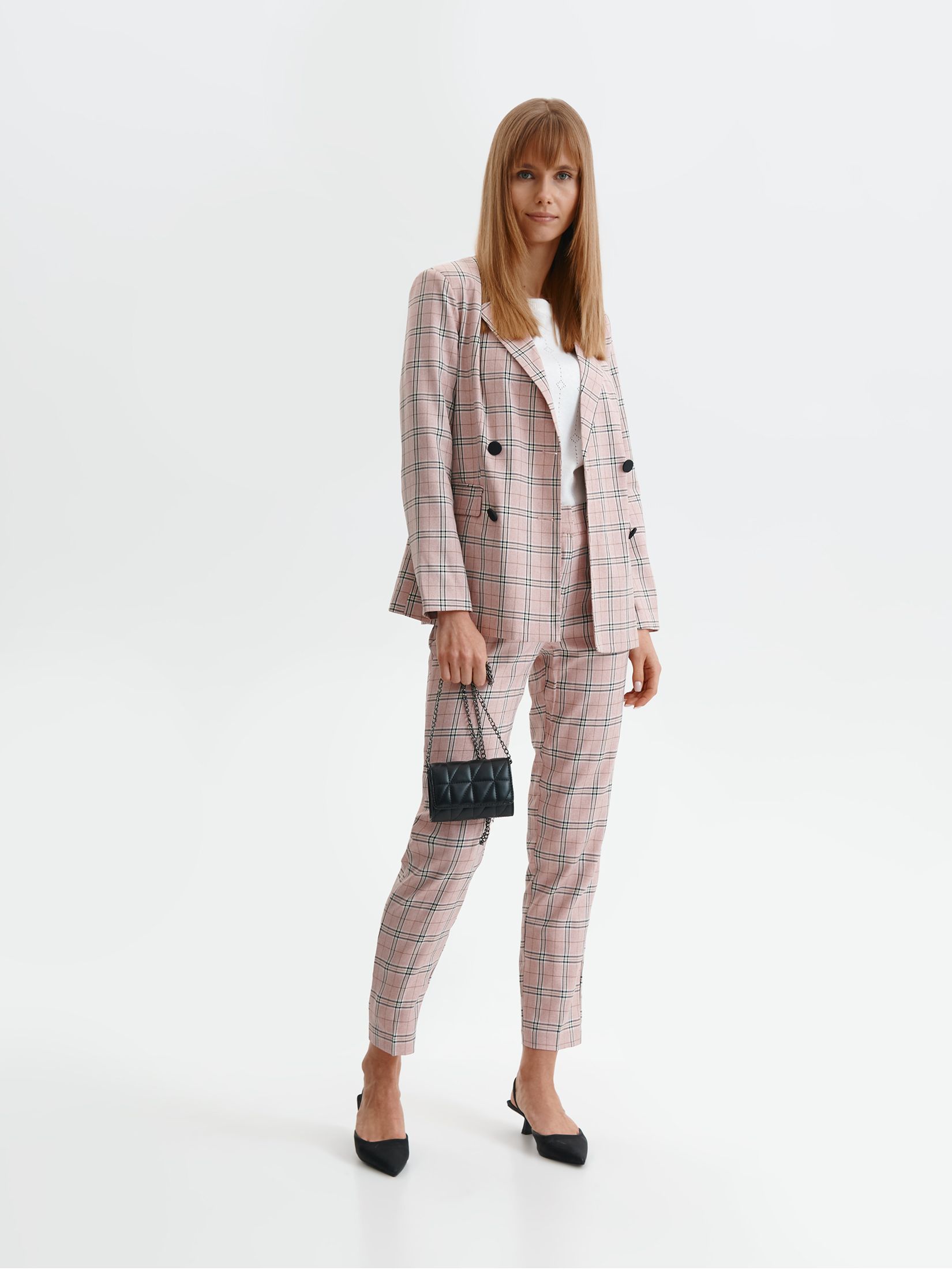 Długie spodnie w kratę, z podwyższonym stanem