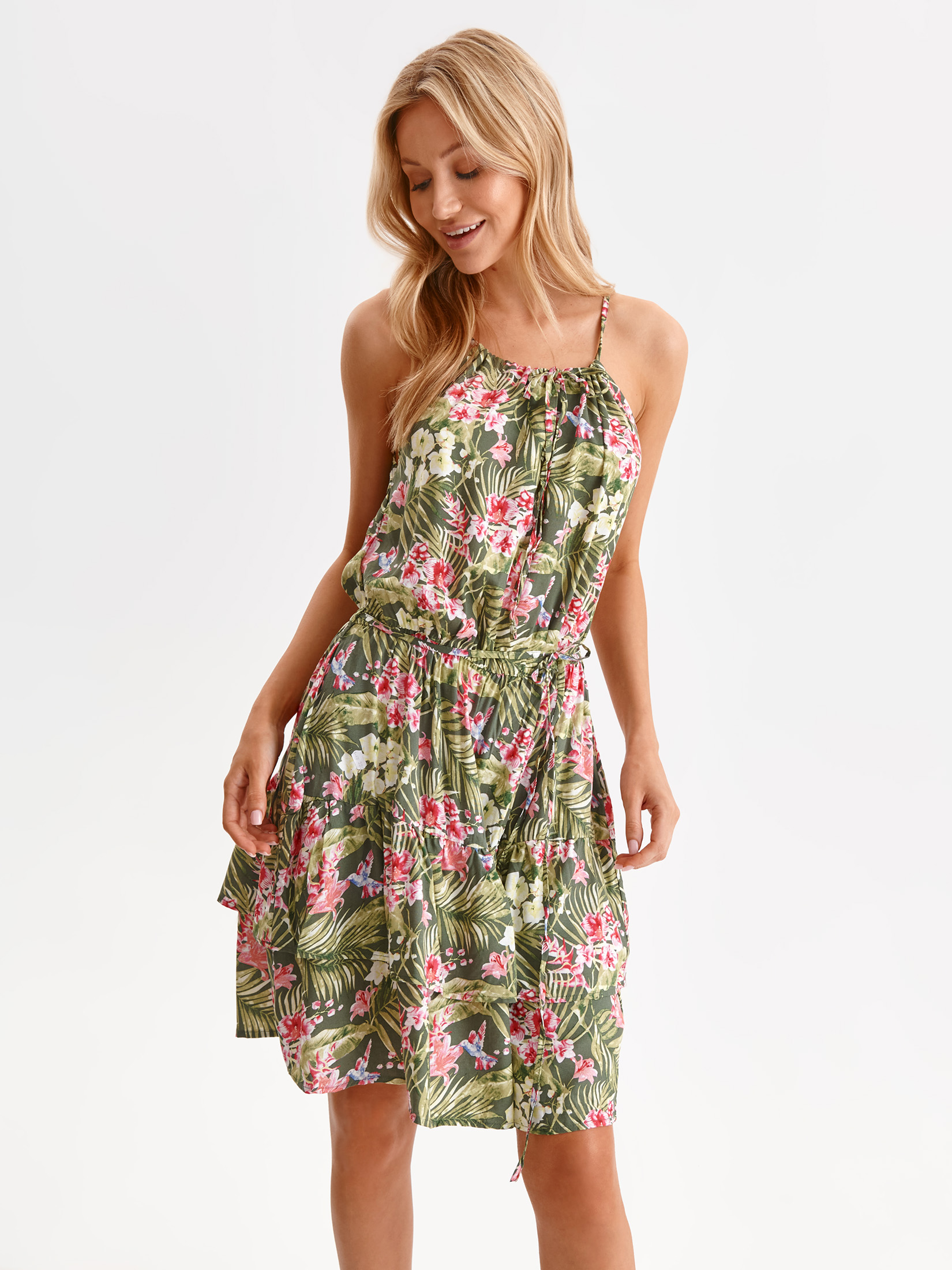 Sukienka mini w kwiaty, z dekoltem halter