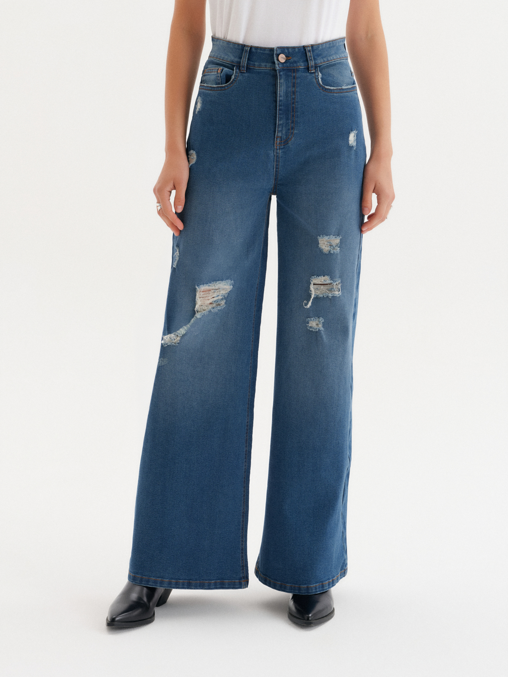 Granatowe jeansy wide leg z przetarciami, Top Secret