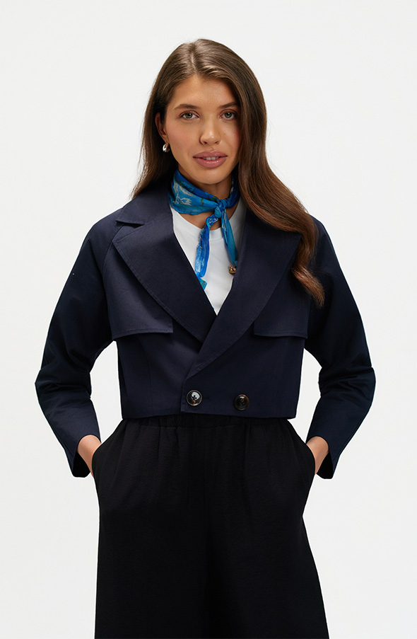 Krótki granatowy trencz