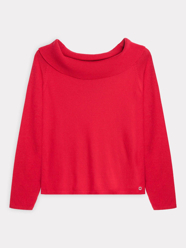 Czerwony sweter damski z odkrytymi ramionami