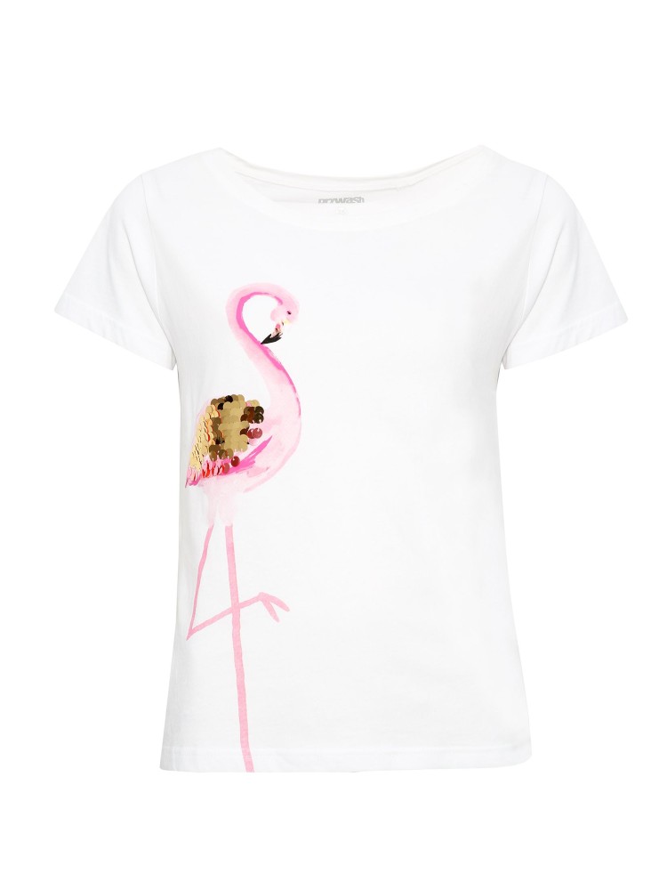 T-shirt damski z cekinami, z flamingiem
