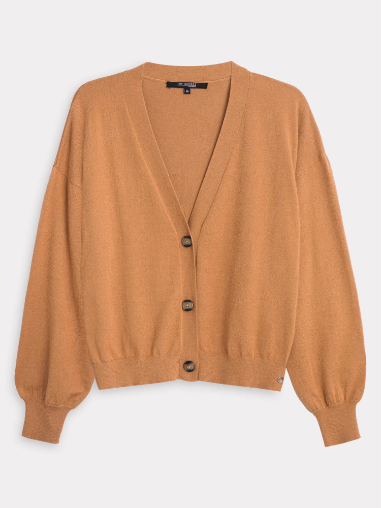 Luźny kardigan damski na guziki w kolorze camel 