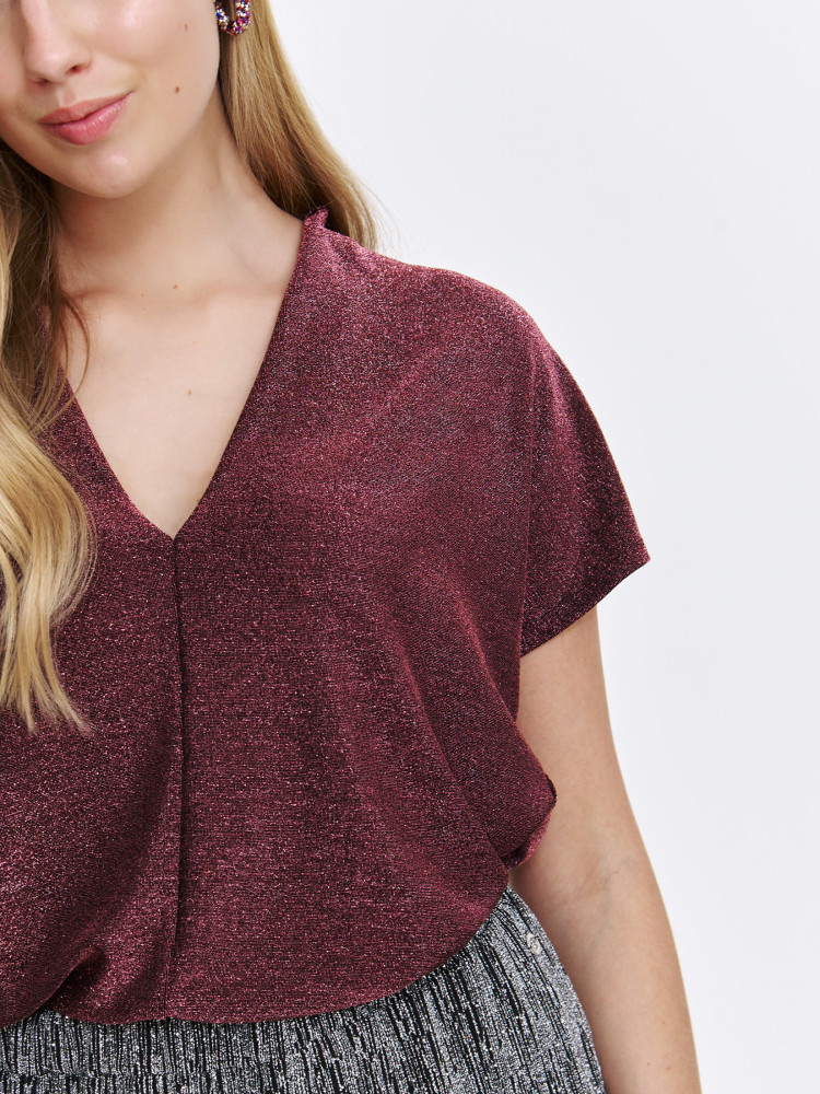 Top damski z błyszczącej tkaniny w kolorze bordowym