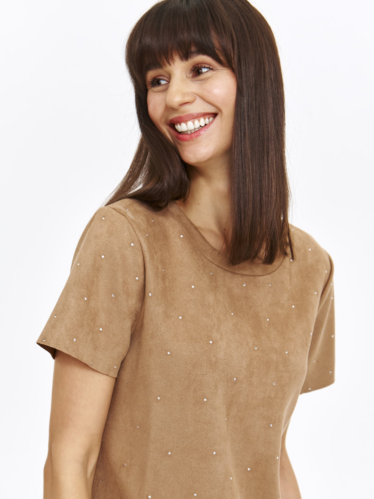 Prosta beżowa sukienka z eko zamszu