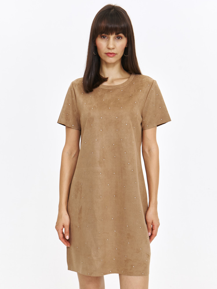 Prosta beżowa sukienka z eko zamszu