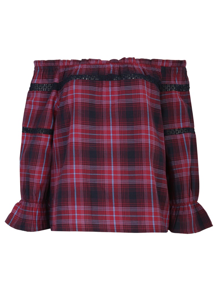 Bluzka damska w kratę z odkrytymi ramionami Bluzka damska w kratę z odkrytymi ramionami