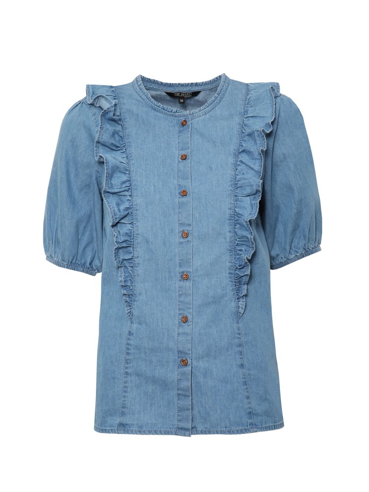 Jeansowa bluzka damska z bufiastymi rękawami