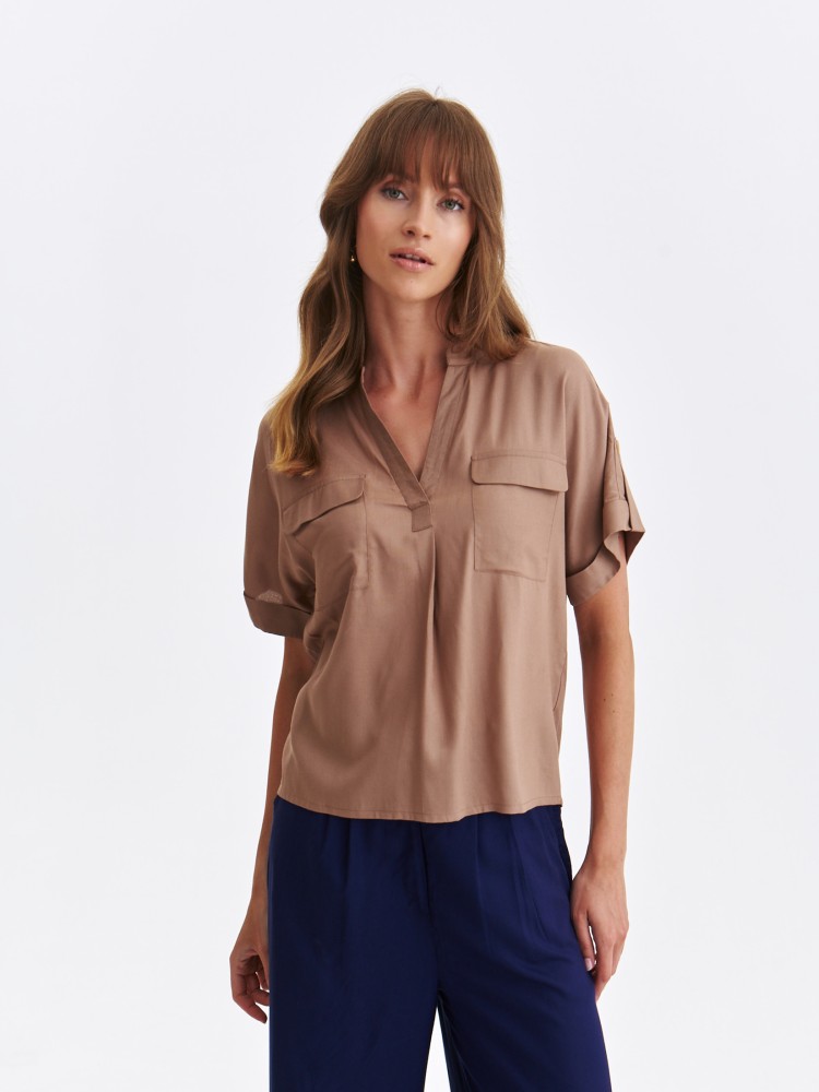 Beżowa koszulowa bluzka z krótkim rękawem