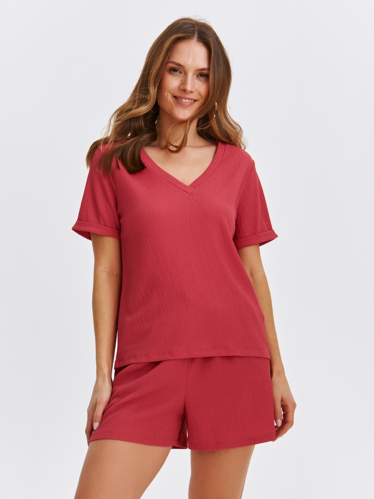 Różowa bluza damska z krótkim rękawem i dekoltem w serek