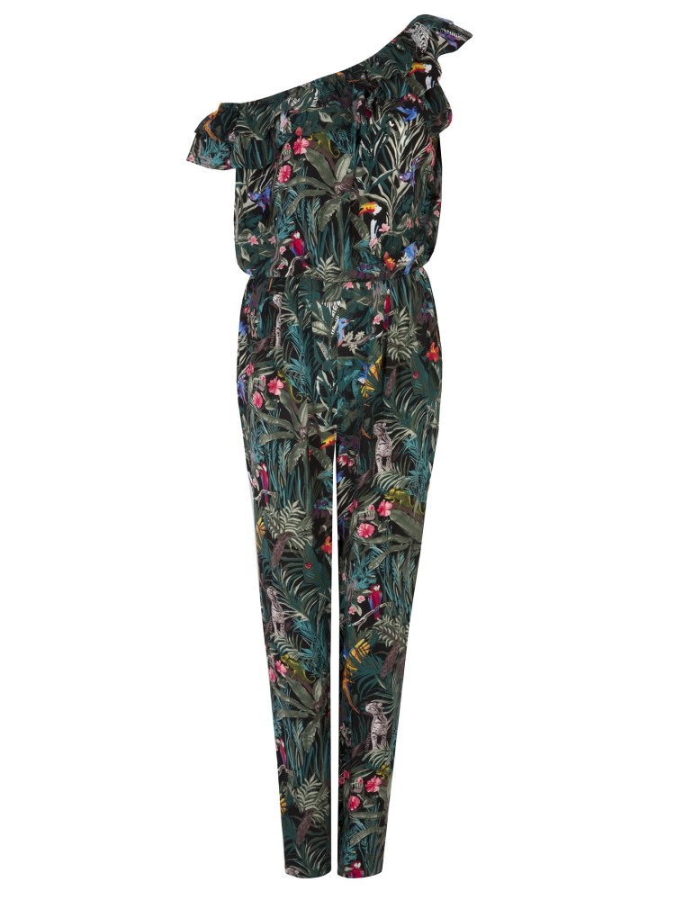 Kombinezon damski w kwiaty, z falbanami