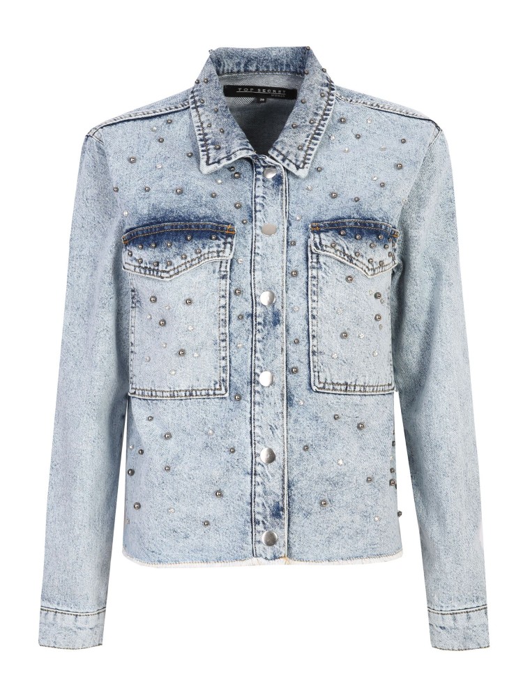 Jeansowa kurtka damska ozdobiona aplikacją