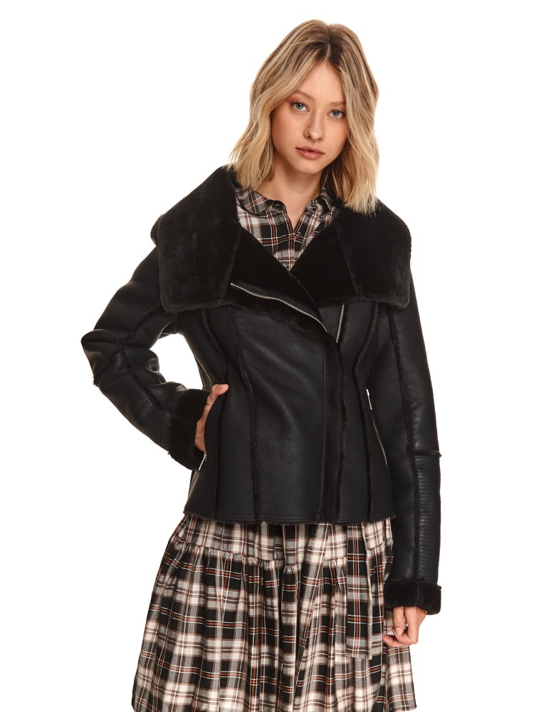 Krótka kurtka ze skóry ekologicznej z futerkiem