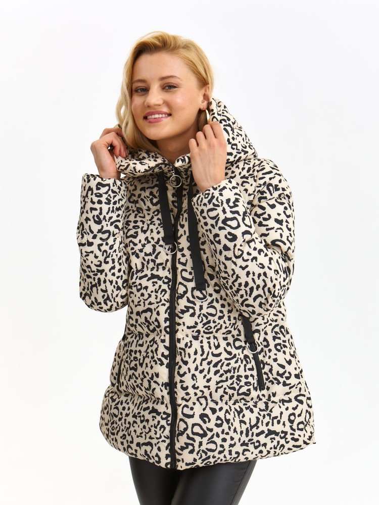 Krótka kurtka damska z kapturem z motywem zwierzęcym