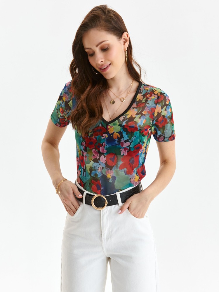 Kolorowy t-shirt damski z dekoltem w serek