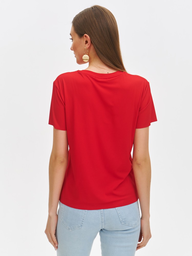 Gładki czerwony t-shirt damski z krótkim rękawem