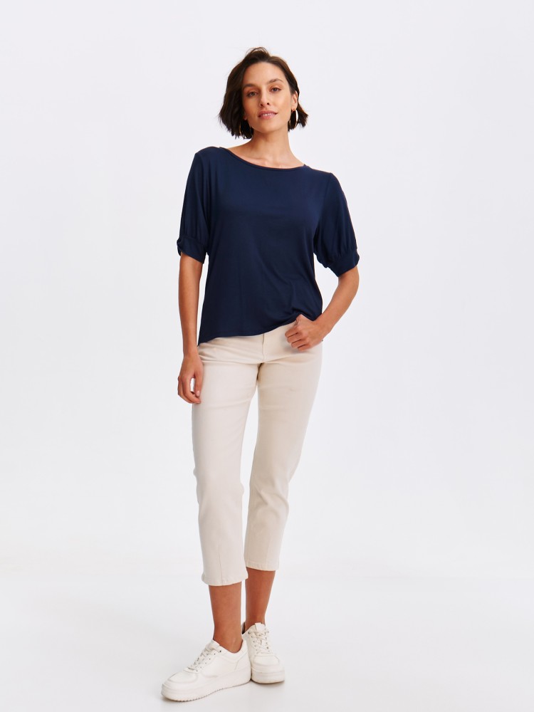 Luźny granatowy podkoszulek damski z rozcięciami na rękawach