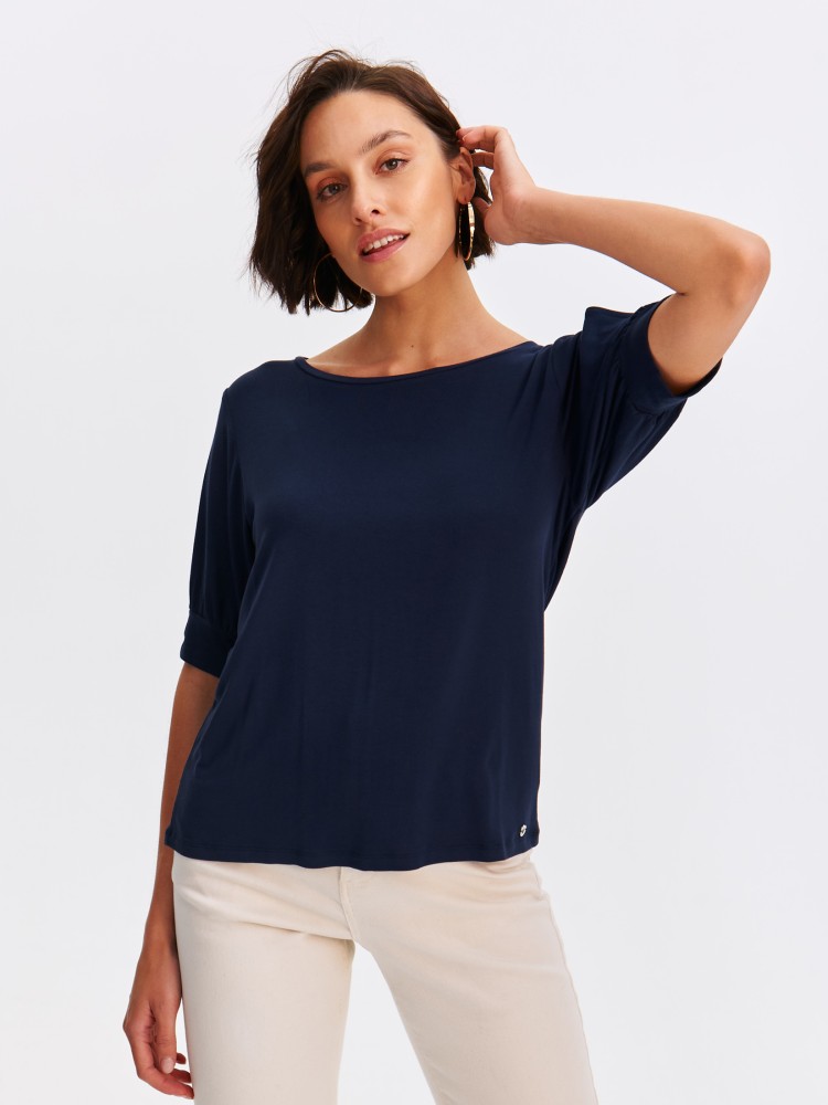 Luźny granatowy podkoszulek damski z rozcięciami na rękawach