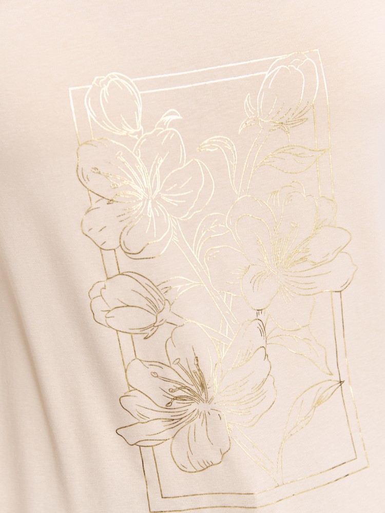 Beżowy t-shirt z błyszczącym nadrukiem