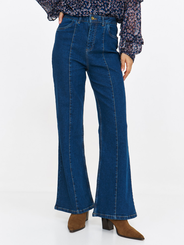 Stylowe granatowe jeansy flare z przeszyciem