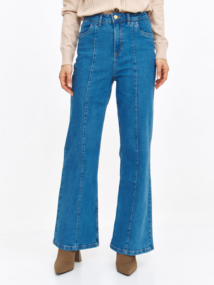Ciemnoniebieskie jeansy flare z przeszyciem