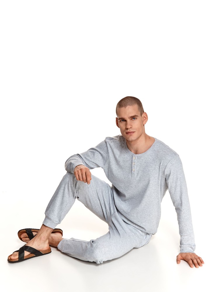 Piżama męska, koszulka z długim rękawem i długimi spodniami z miękkiej strukturalnej dzianiny