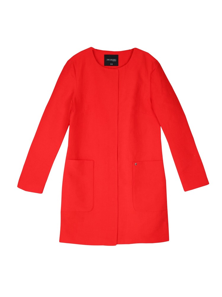 Płaszcz damski bez kołnierza ze strukturalnej tkaniny