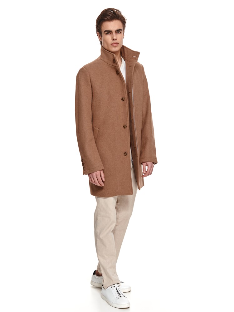 Klasyczny płaszcz ze stójką z wełnianej tkaniny