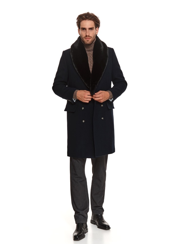 Płaszcz dwurzędowy ze sztucznym futrem