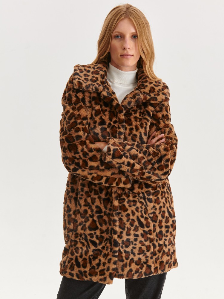 Płaszcz ze sztucznego futra w panterkę