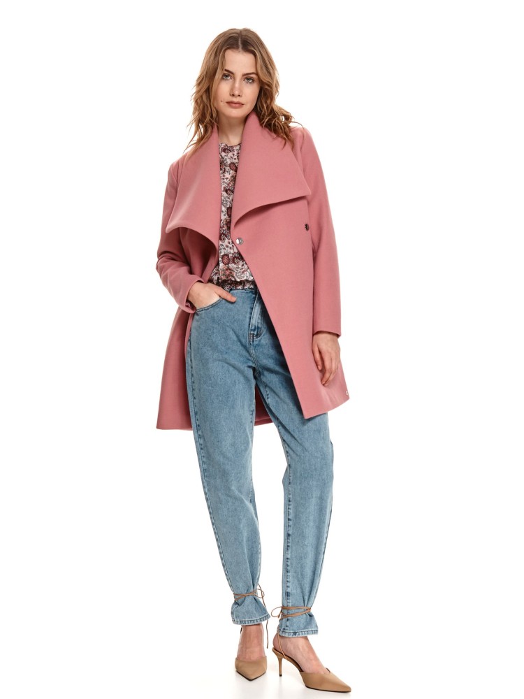 Płaszcz damski z paskiem i dużym kołnierzem