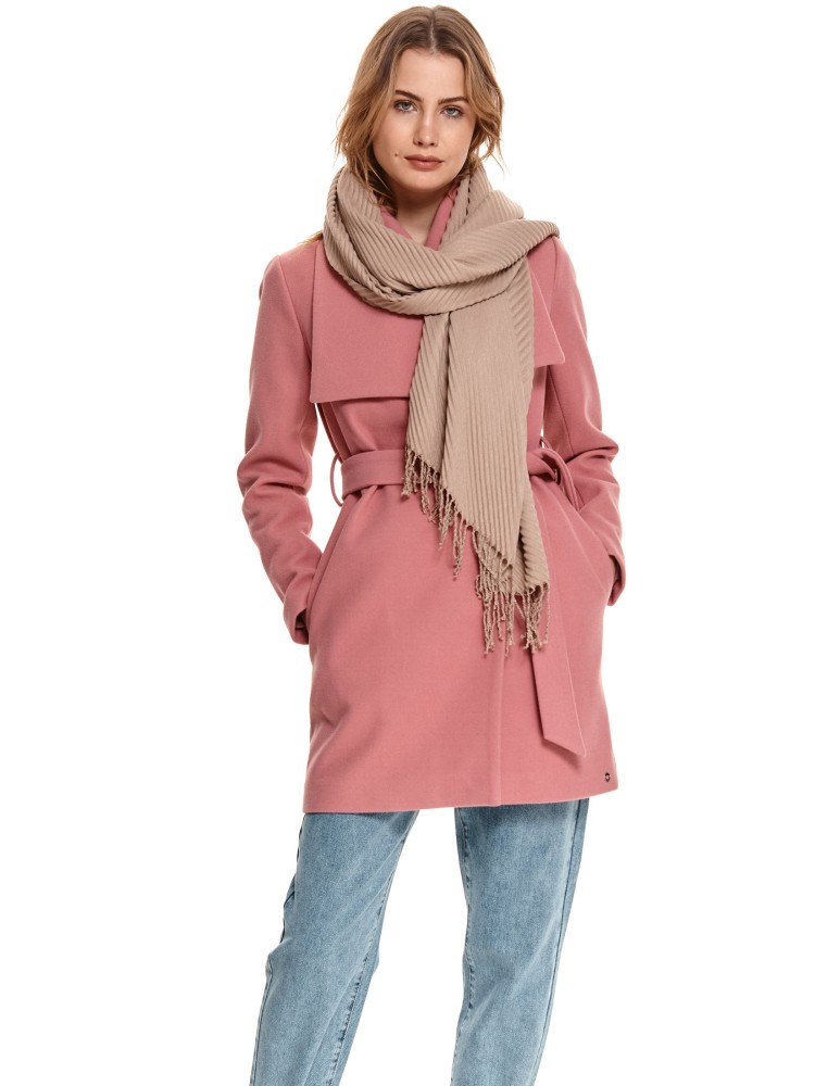 Płaszcz damski z paskiem i dużym kołnierzem
