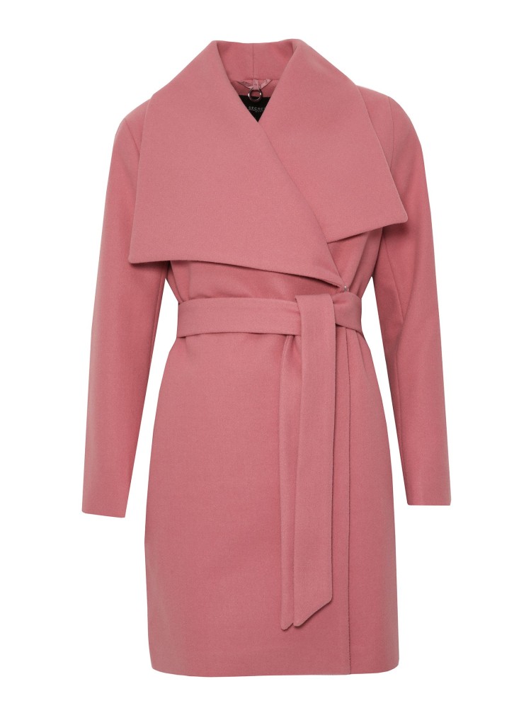 Płaszcz damski z paskiem i dużym kołnierzem