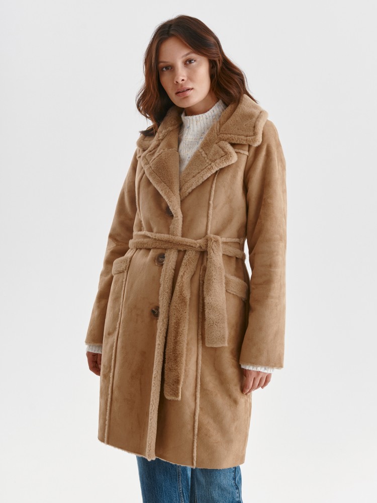 Kożuch damski z kołnierzem i wiązaniem