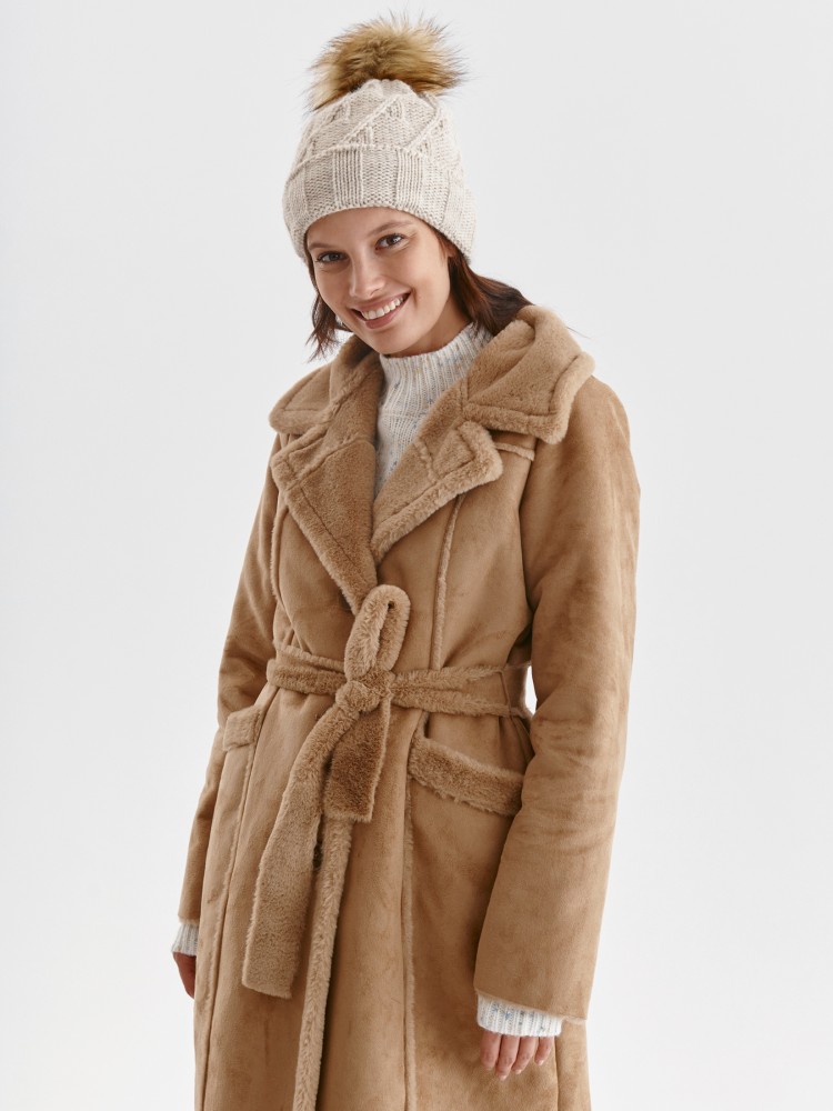 Kożuch damski z kołnierzem i wiązaniem