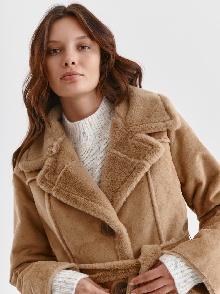 Kożuch damski z kołnierzem i wiązaniem