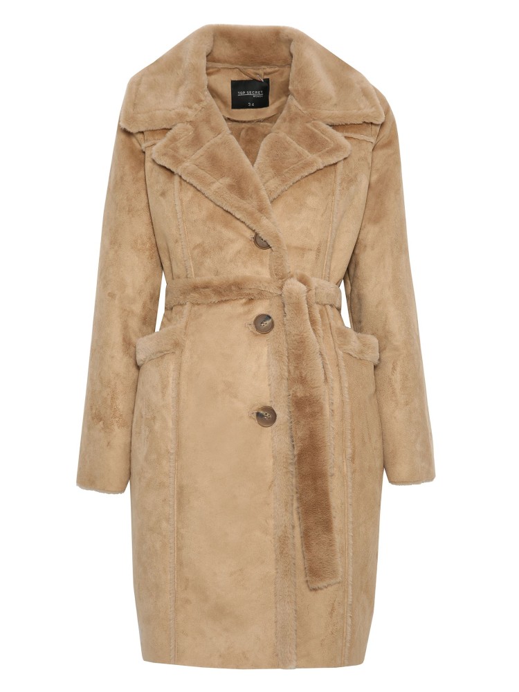 Kożuch damski z kołnierzem i wiązaniem