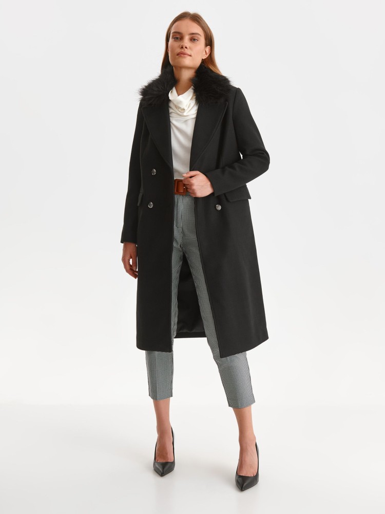 Dwurzędowy płaszcz z futrzanym kołnierzem