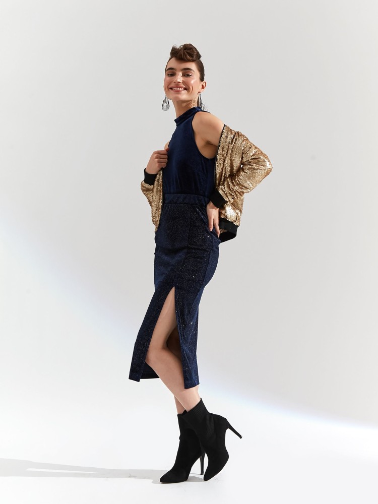 Welurowa  spódnica midi z błyszczącą posypką