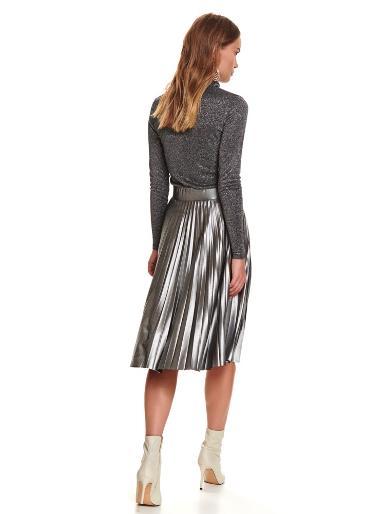 Srebrna plisowana spódnica za kolano
