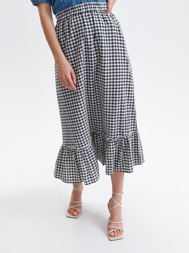 Spódnica midi z falbaną, w kratkę vichy