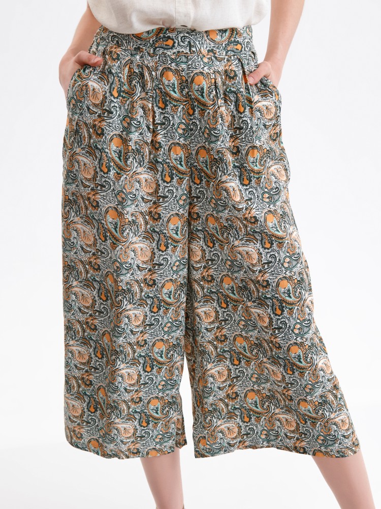 Printowane, luźne spodnie 7/8 z zakładkami