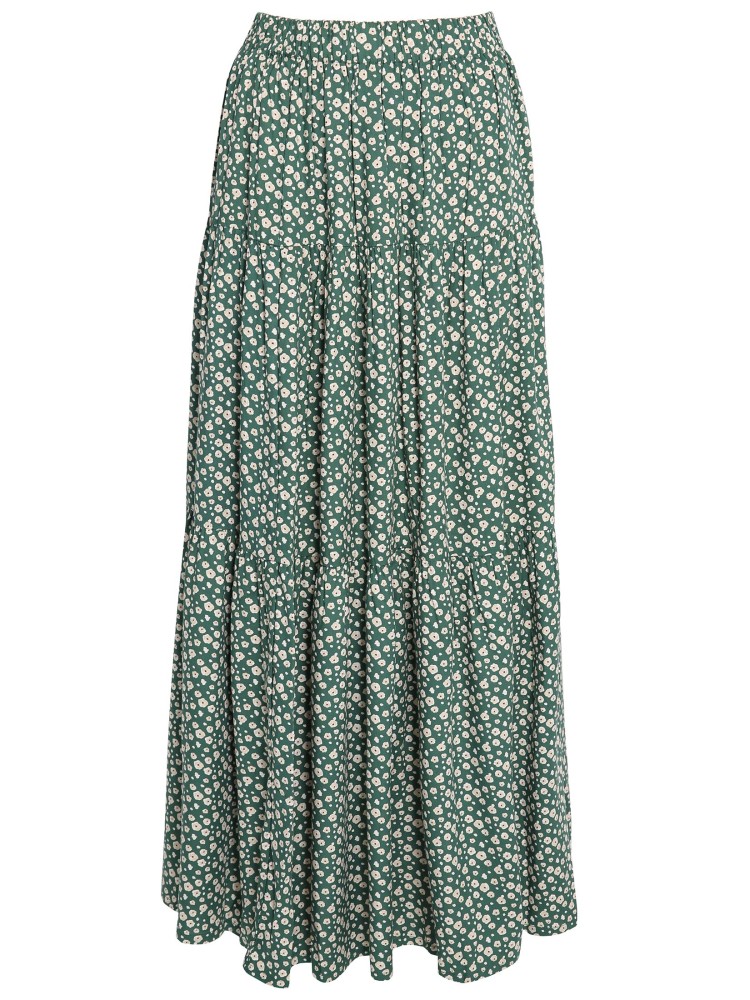 Długa, wzorzysta spódnica z marszczeniami