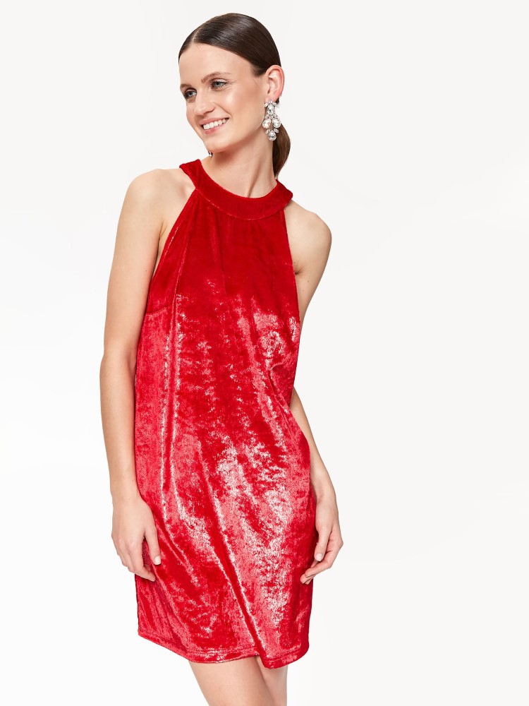 Czerwona sukienka na imprezę, z weluru z połyskiem