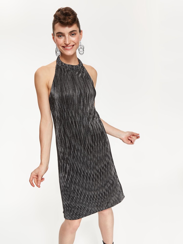 Srebrna sukienka plisowana, z dekoltem halter, z odkrytymi plecami